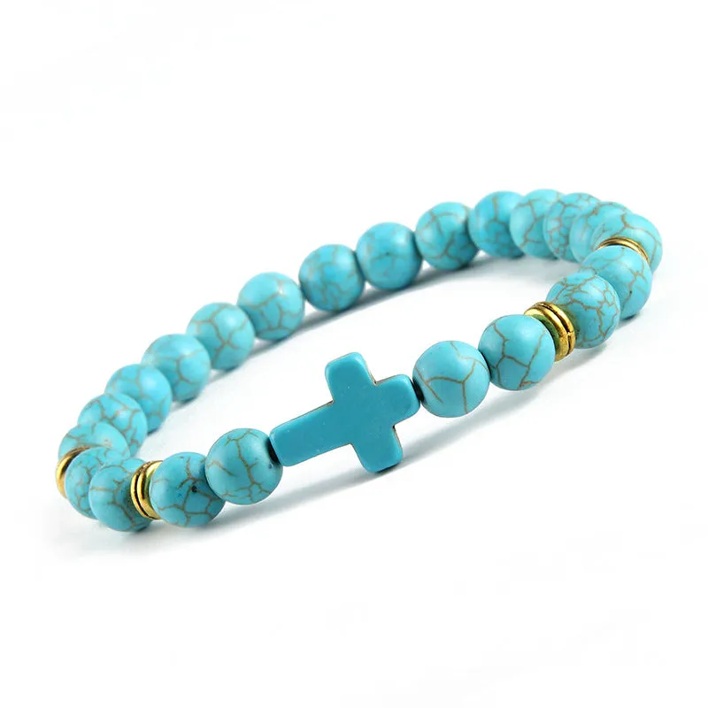 Men's Natural Stone Cross Bead Bracelet