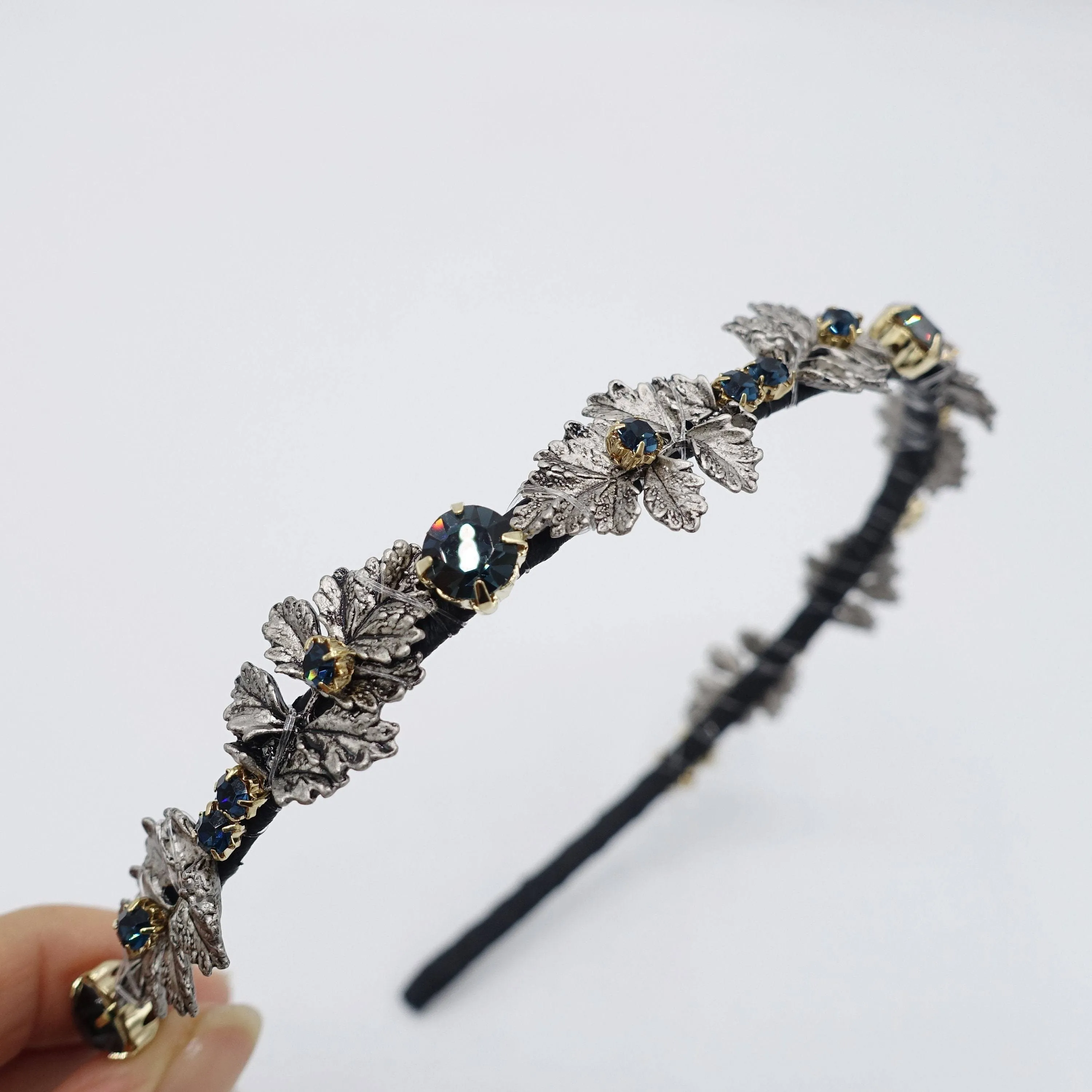 metal leaf headband rhinestone embellished thin hairband for women