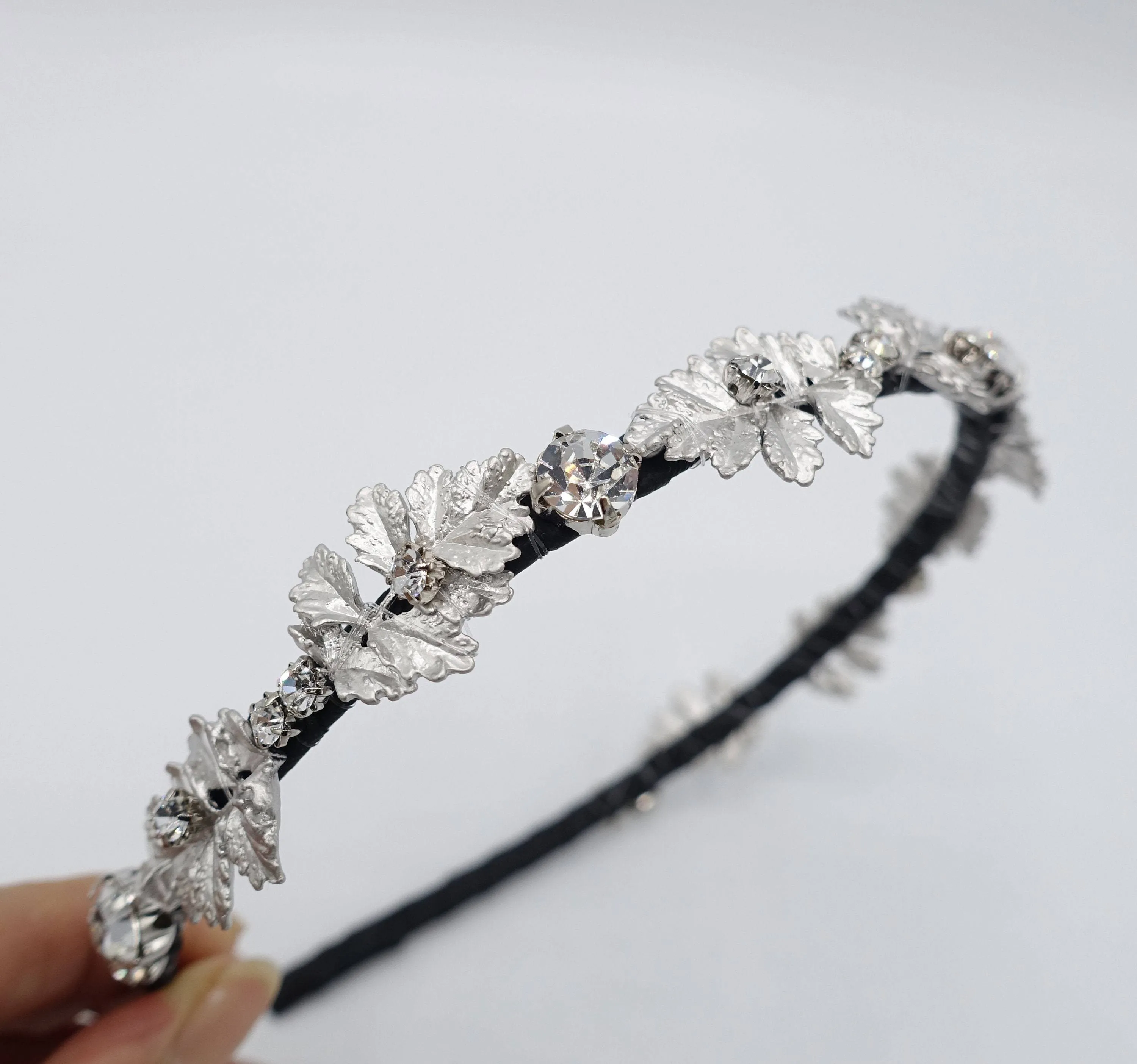 metal leaf headband rhinestone embellished thin hairband for women