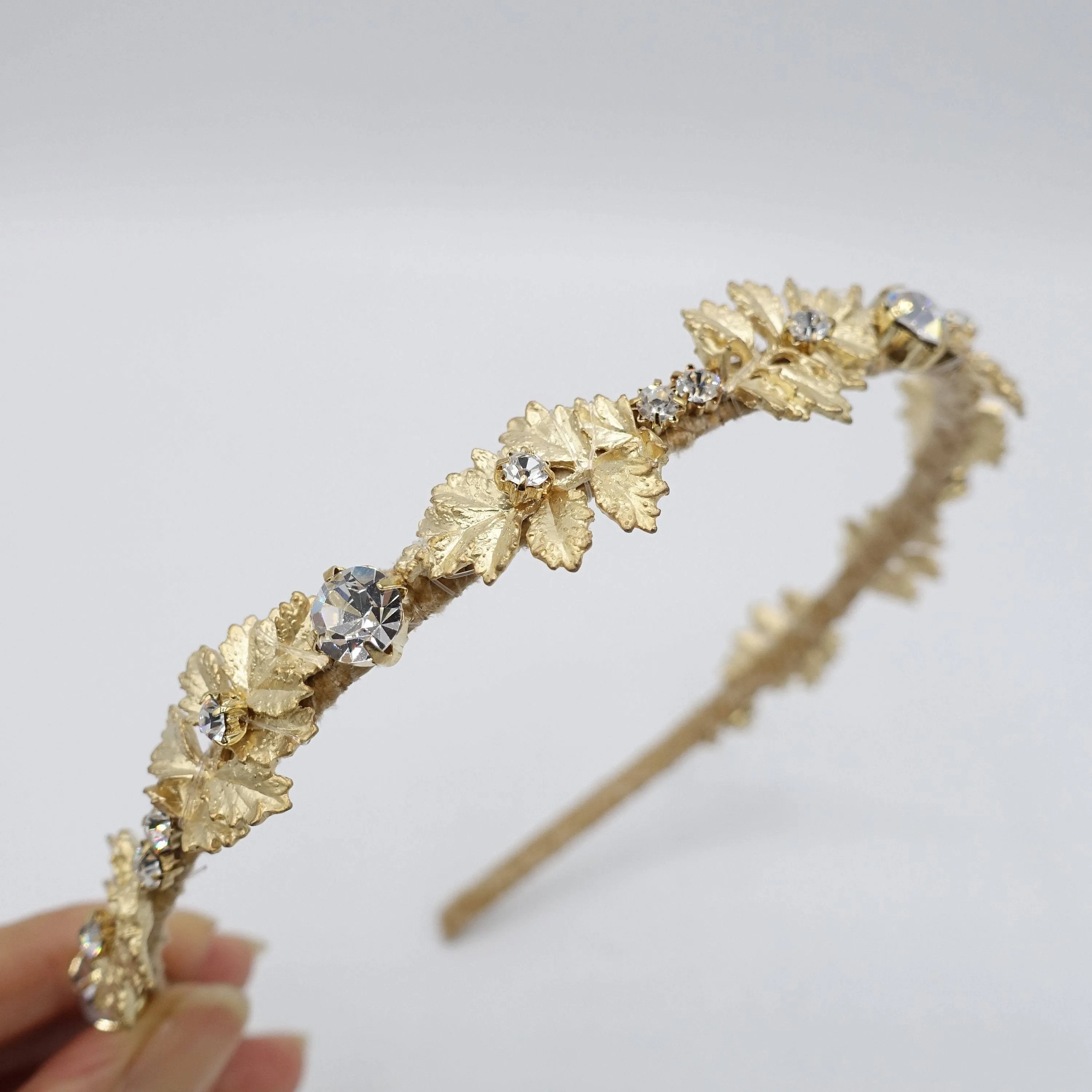 metal leaf headband rhinestone embellished thin hairband for women