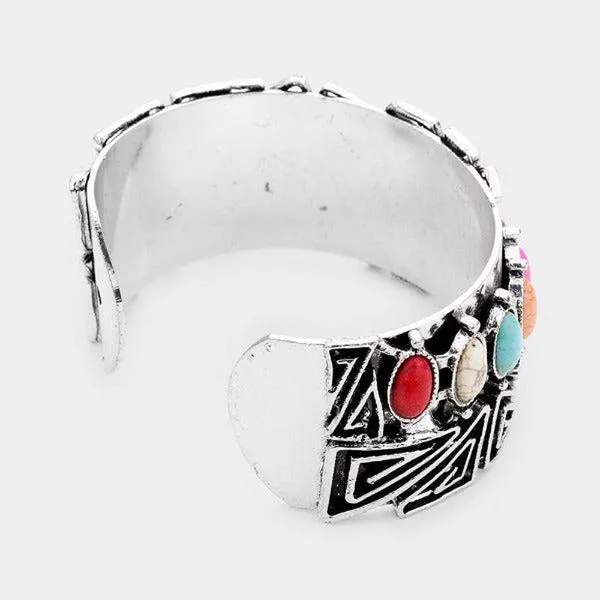 Multi-Colored Howlite Western Cuff Silver Bracelet