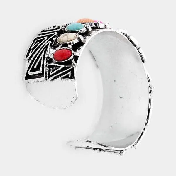 Multi-Colored Howlite Western Cuff Silver Bracelet