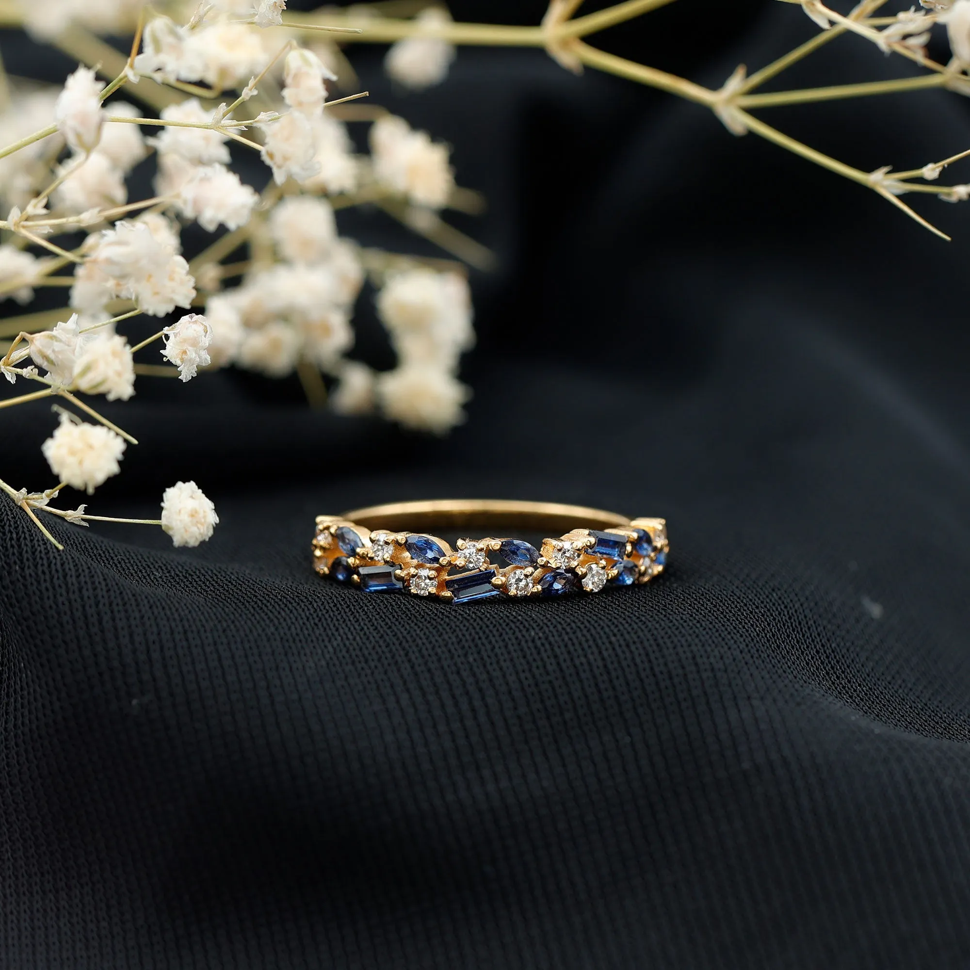 Natural Blue Sapphire Diamond Half Eternity Anniversary Band Ring