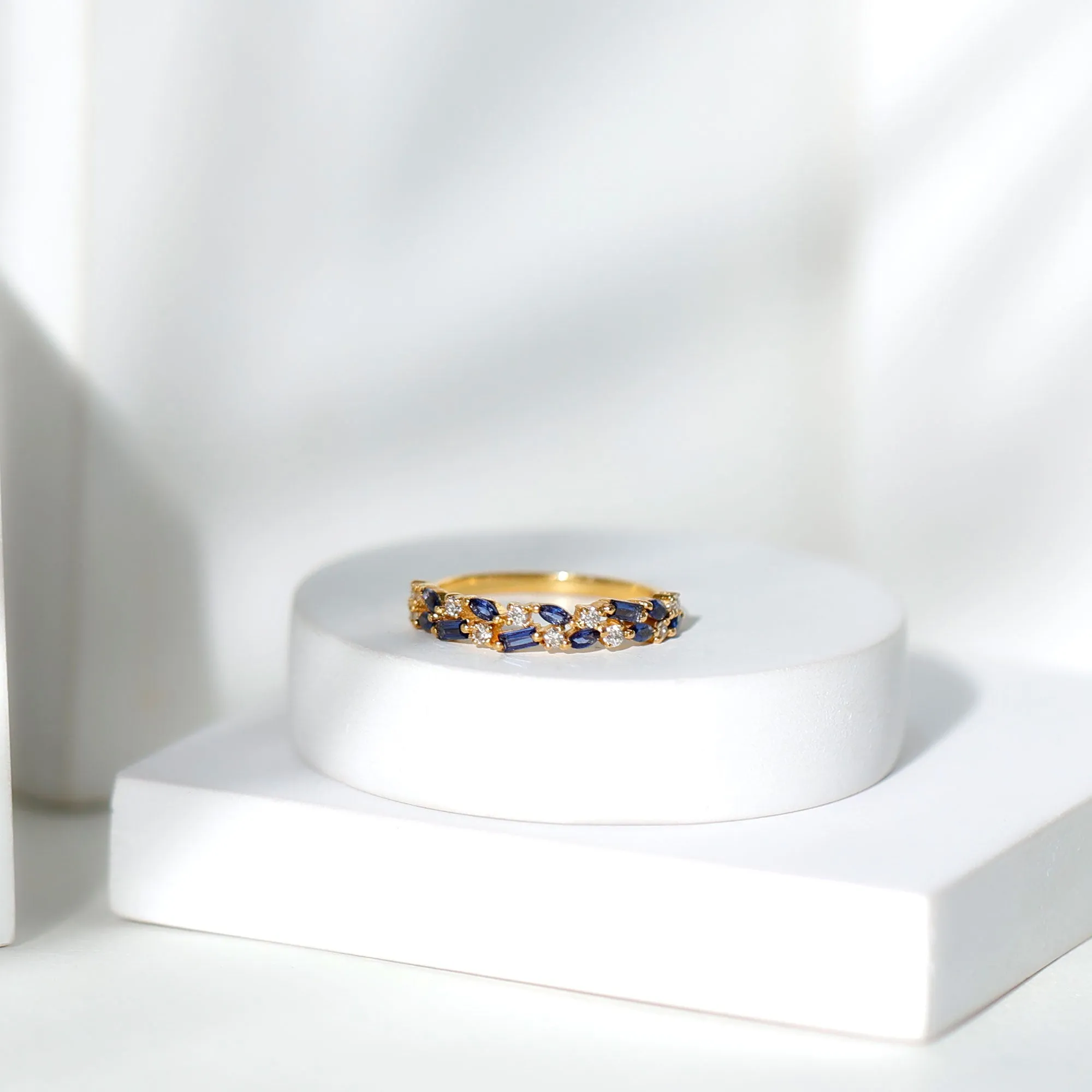 Natural Blue Sapphire Diamond Half Eternity Anniversary Band Ring