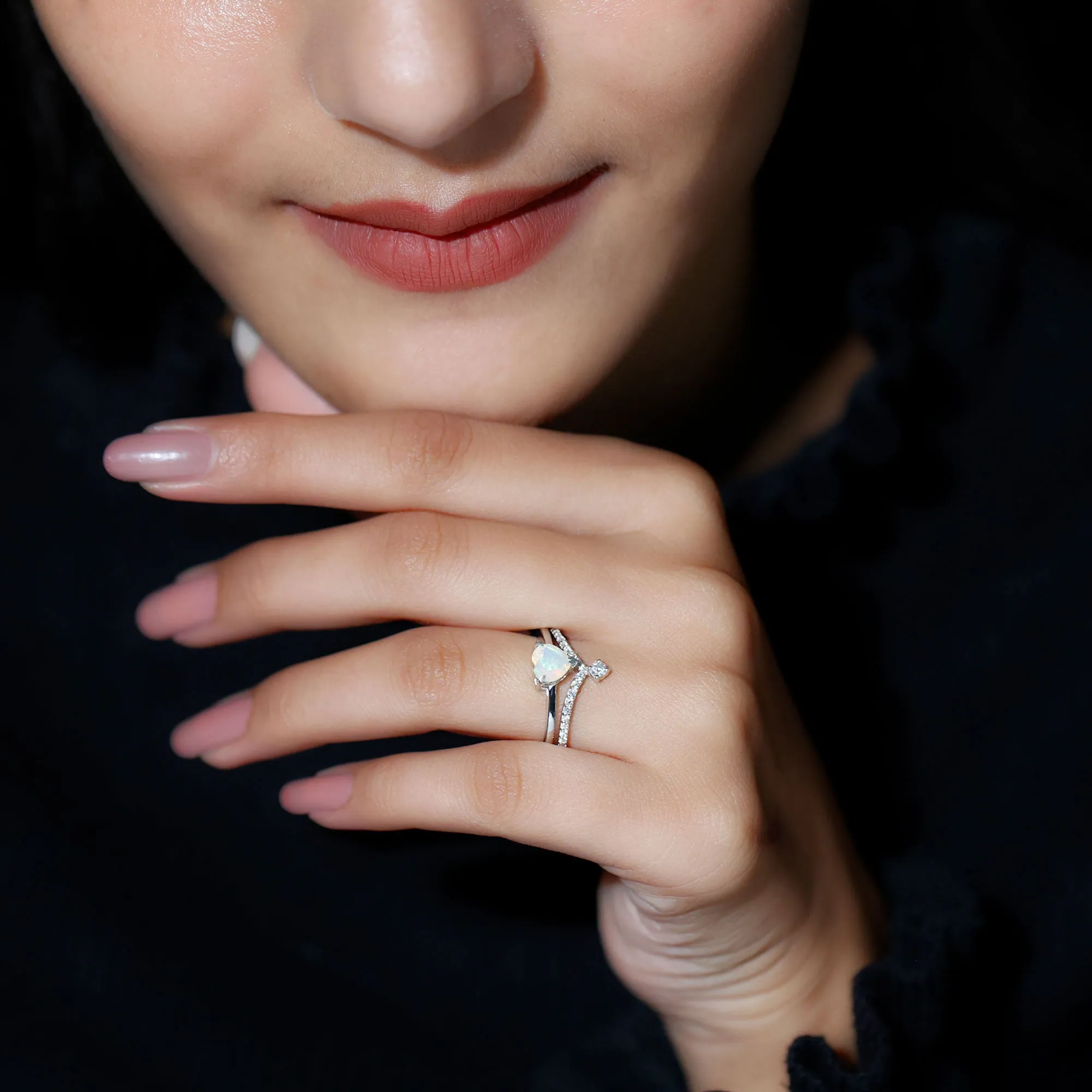 Natural Ethiopian Opal and Diamond Heart Ring Set