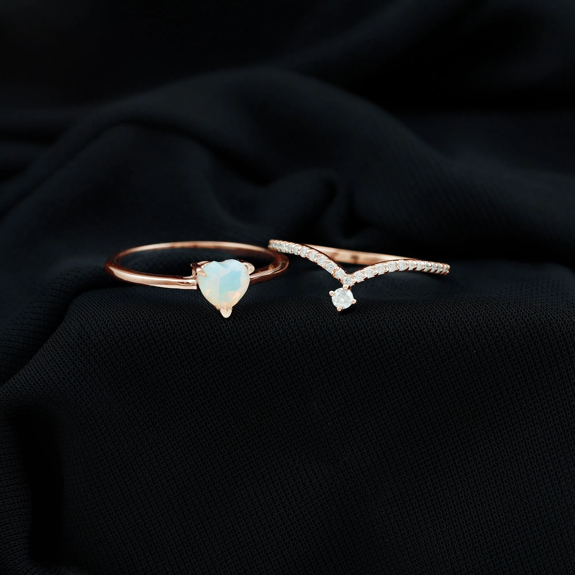 Natural Ethiopian Opal and Diamond Heart Ring Set