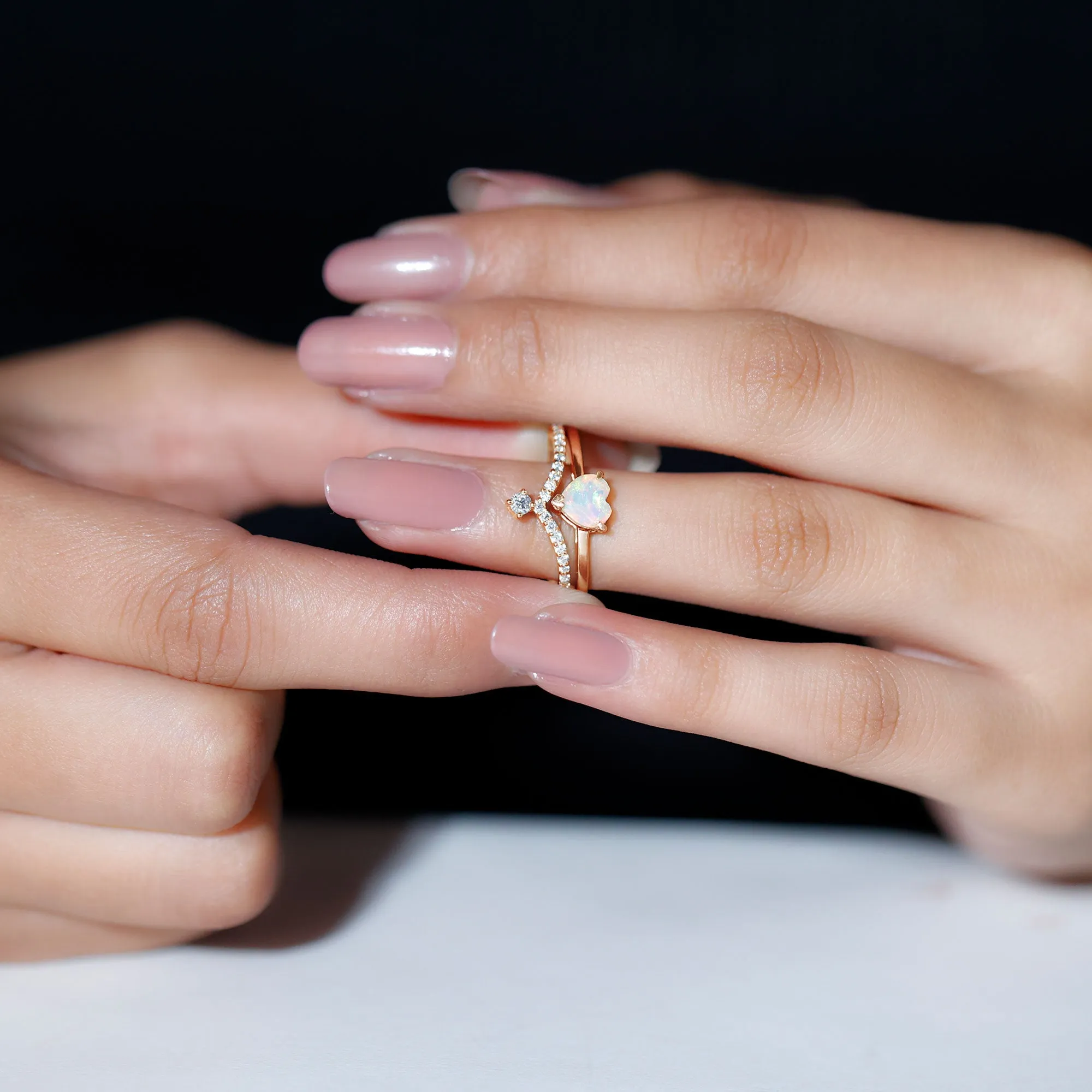 Natural Ethiopian Opal and Diamond Heart Ring Set