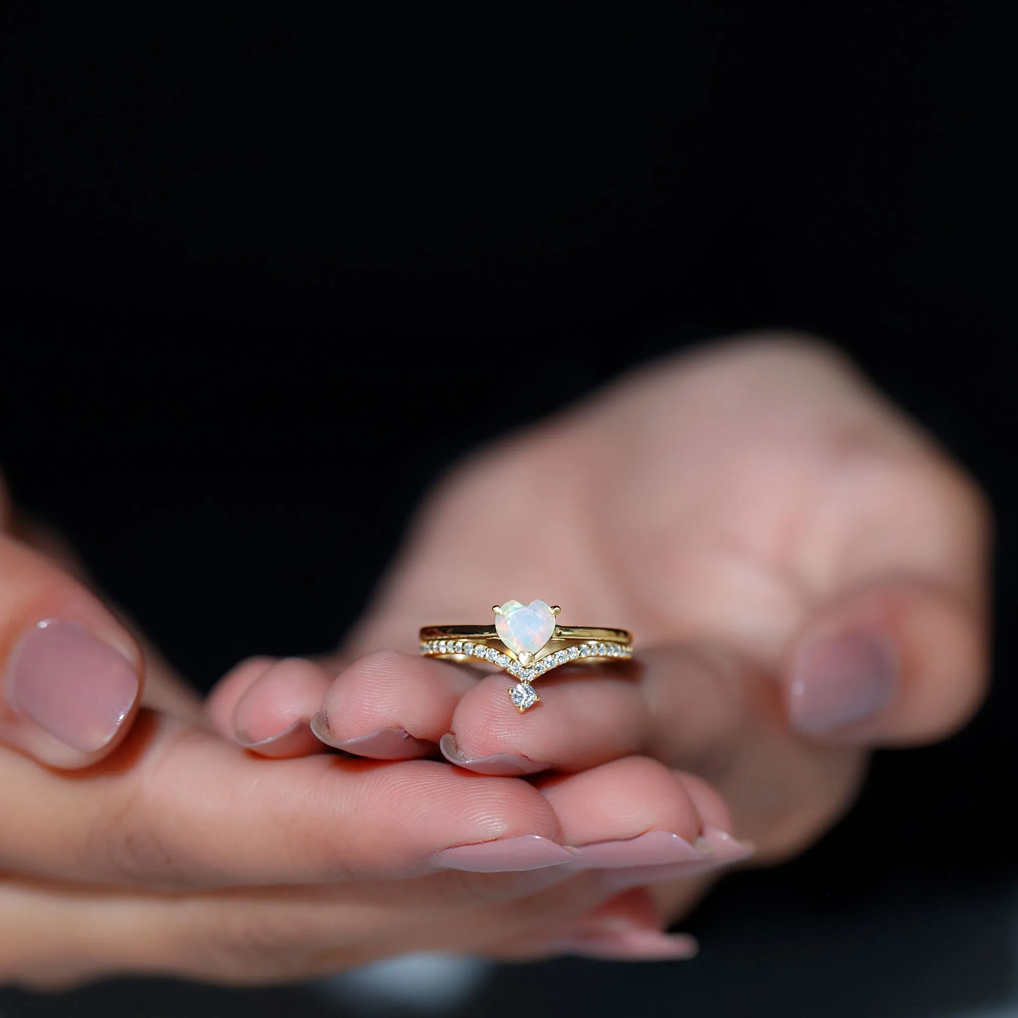 Natural Ethiopian Opal and Diamond Heart Ring Set