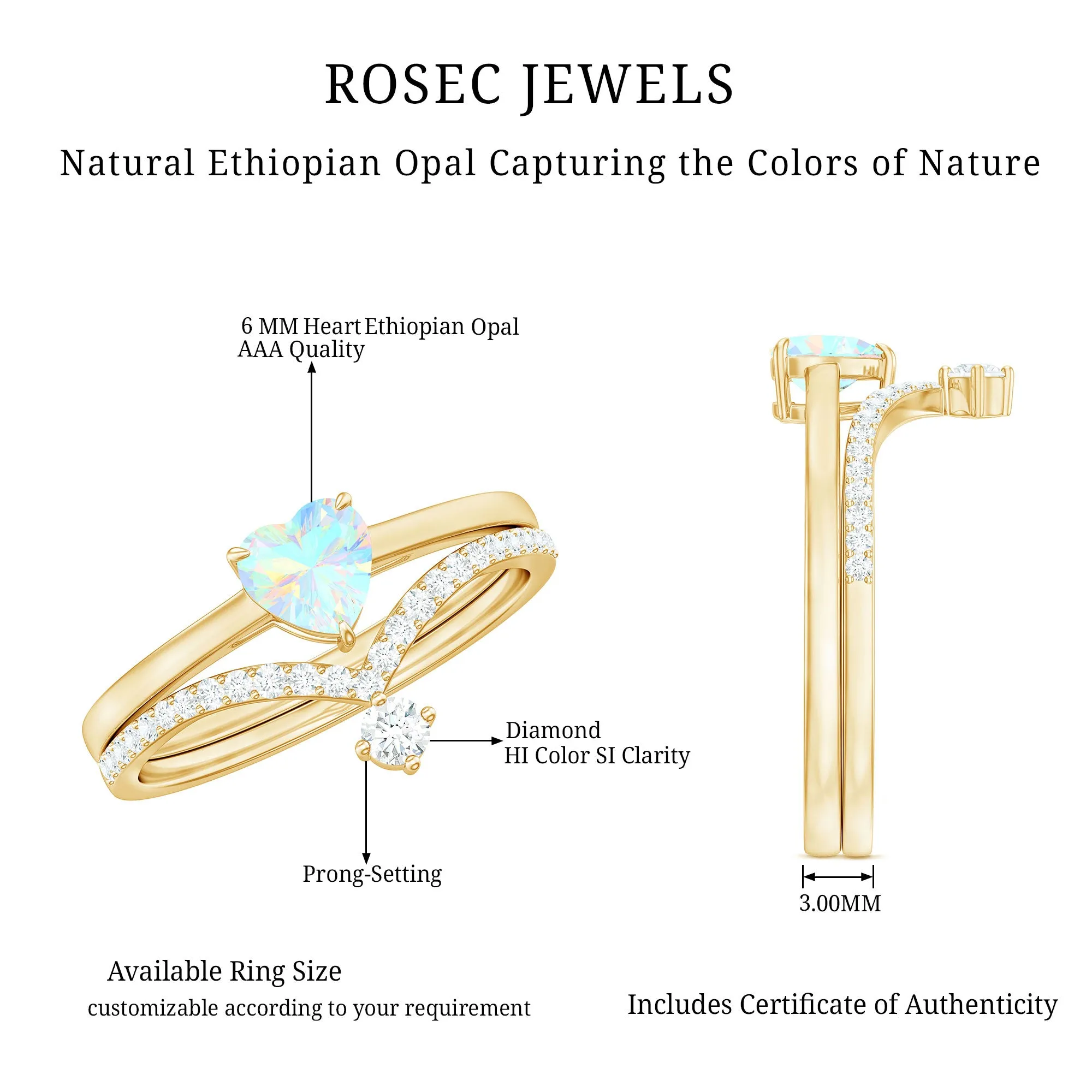 Natural Ethiopian Opal and Diamond Heart Ring Set