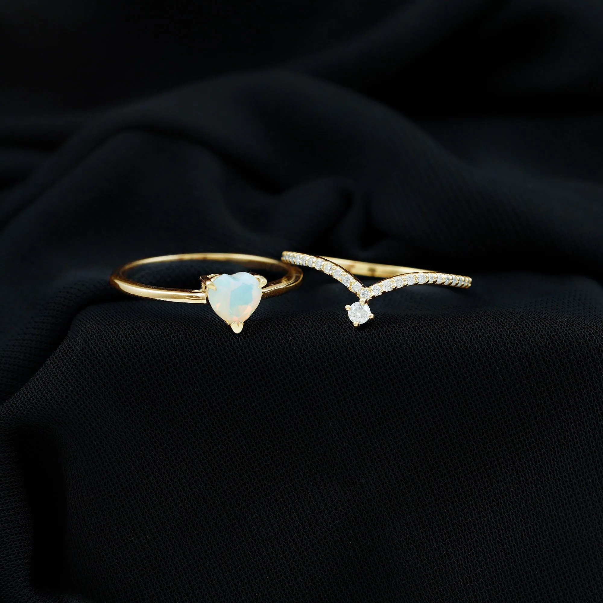 Natural Ethiopian Opal and Diamond Heart Ring Set