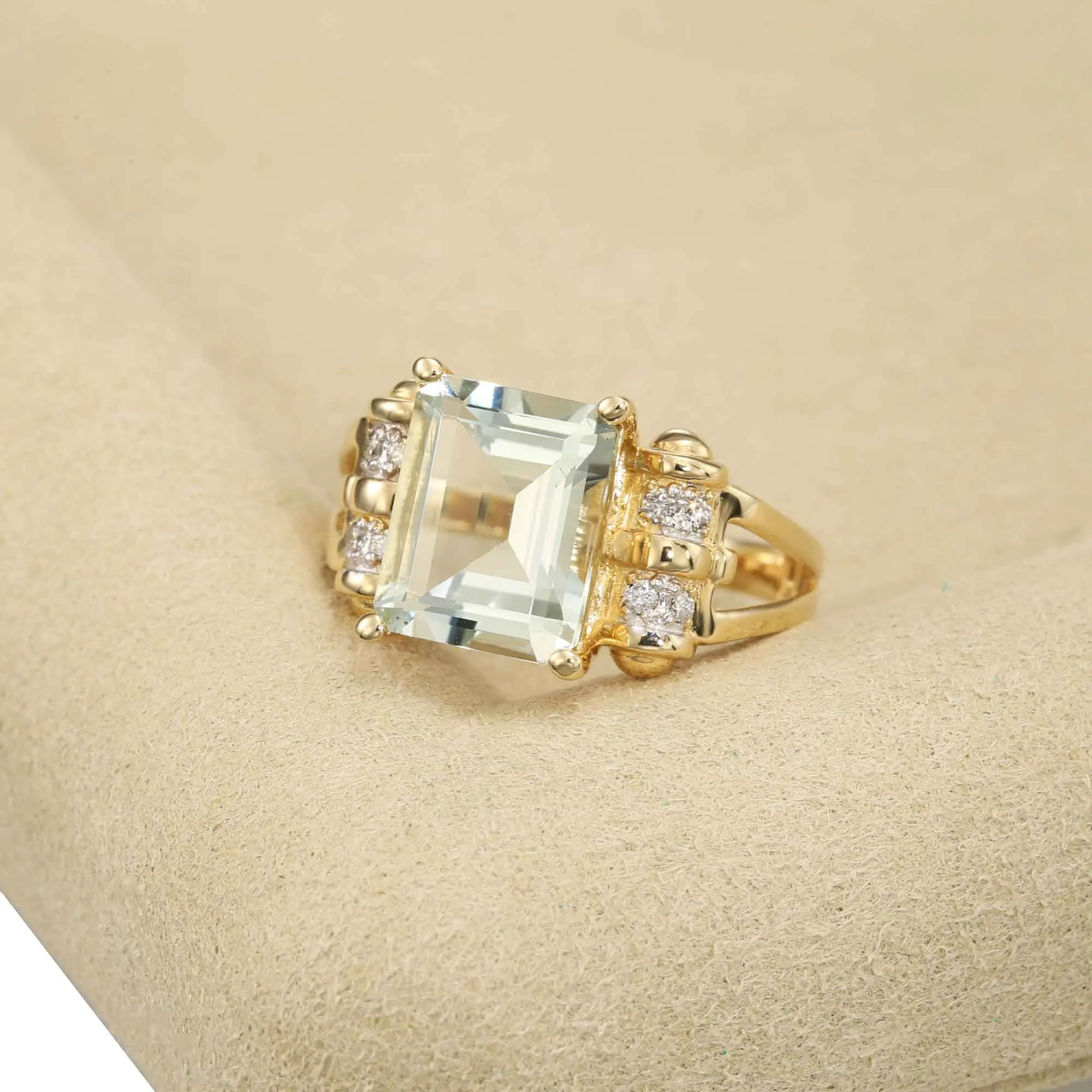 Natural Light Green Amethyst Gemstone Ring, 14k Gold Ring with  Natural Diamonds