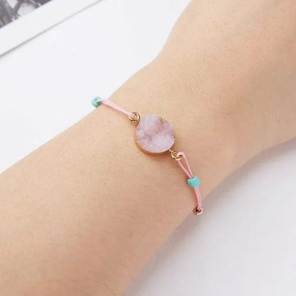 Natural Stone Pink Druzy Braid Make A Wish Card Bracelet