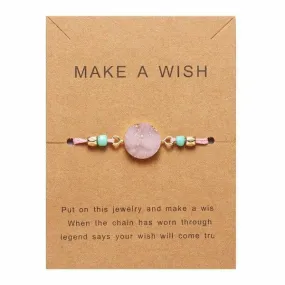 Natural Stone Pink Druzy Braid Make A Wish Card Bracelet