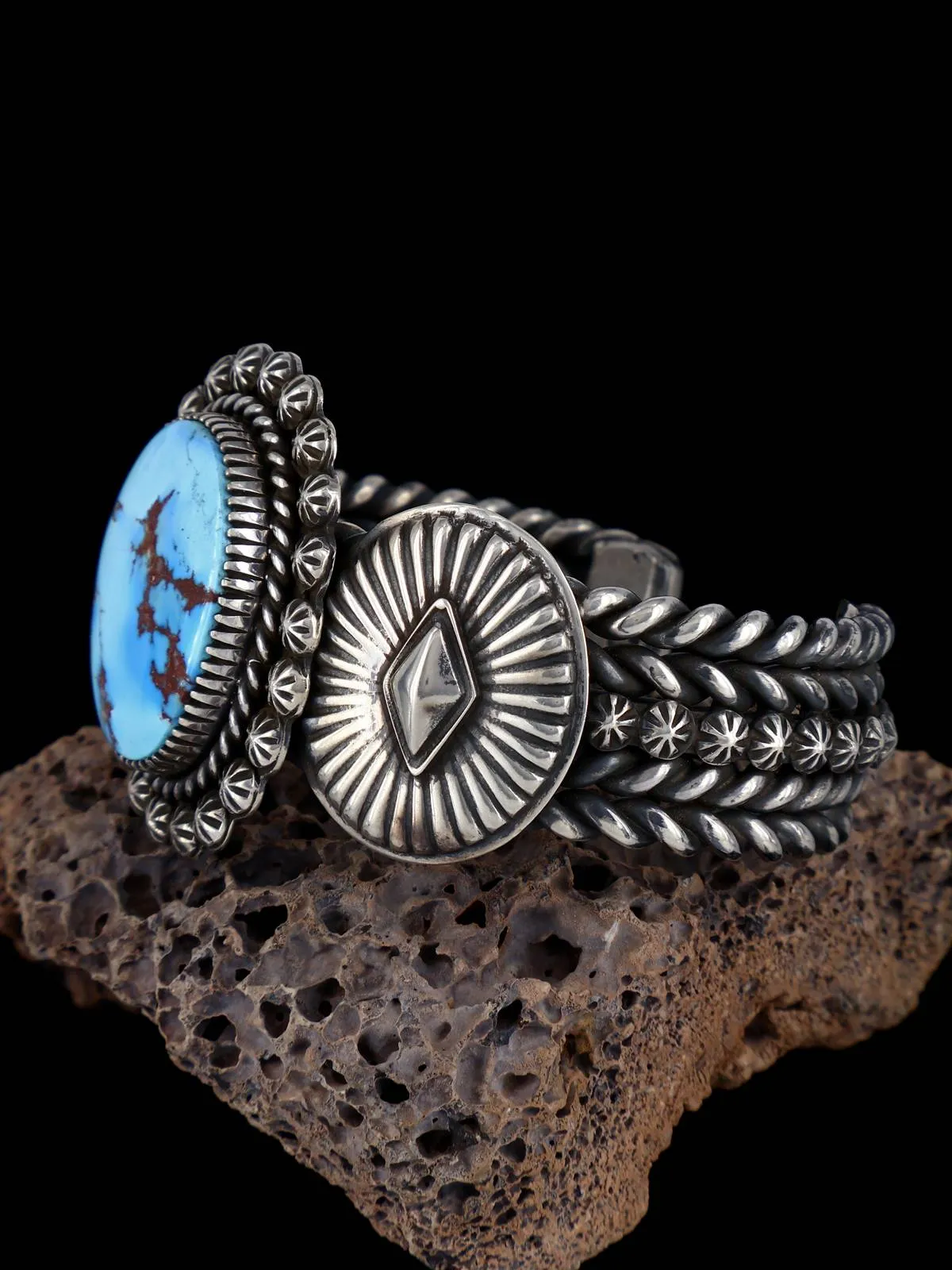 Navajo Golden Hill Turquoise Sculpted Sterling Silver Cuff Bracelet