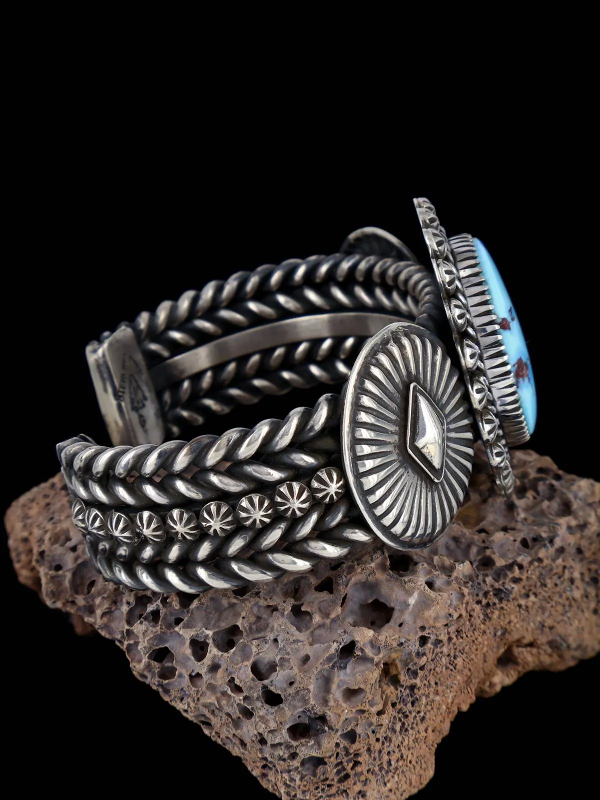 Navajo Golden Hill Turquoise Sculpted Sterling Silver Cuff Bracelet