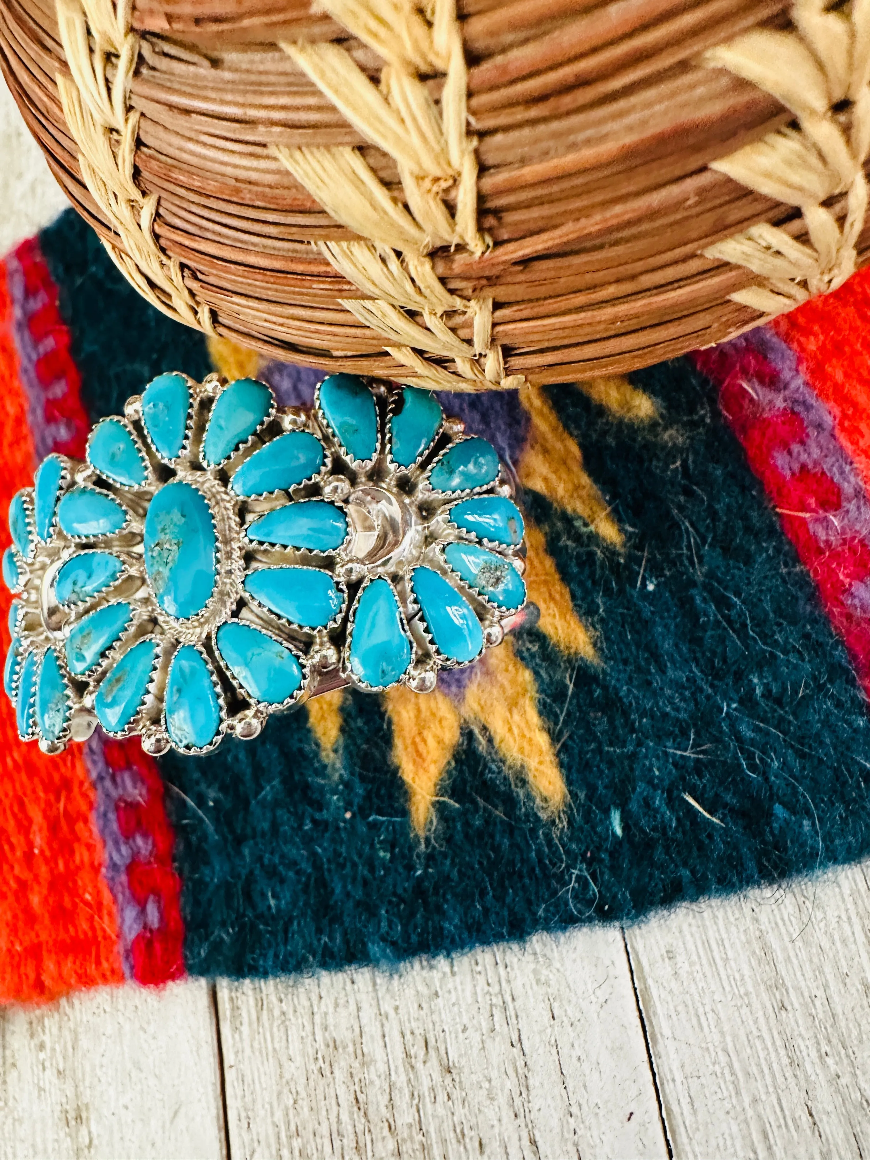 Navajo Kingman Turquoise & Sterling Silver Cluster Cuff Child Bracelet