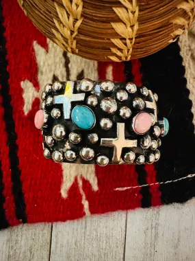 Navajo Queen Pink, Turquoise & Sterling Silver Cross Cuff Bracelet By Chimney Butte