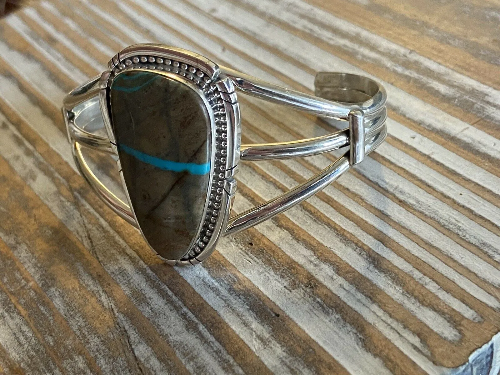 Navajo Ribbon Turquoise & Sterling Silver Cuff Bracelet Signed