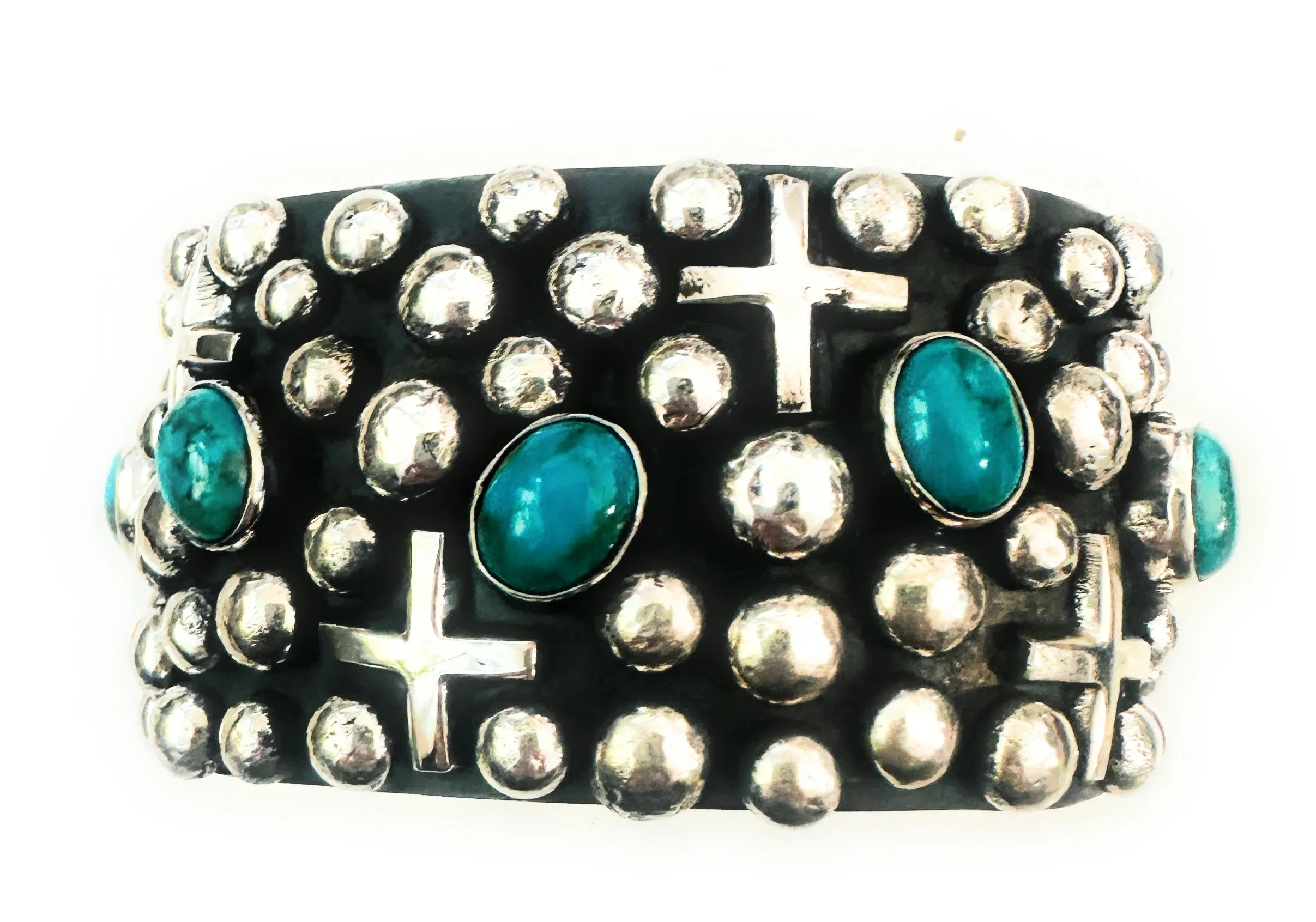 Navajo Turquoise & Sterling Silver Cross Cuff Bracelet By Chimney Butte