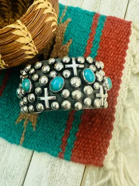 Navajo Turquoise & Sterling Silver Cross Cuff Bracelet By Chimney Butte