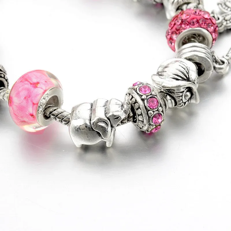 New Fashion 925 Silver Bracelet For Women Flower Tower Bracelet Pink Crystal Beads Paris Charms Diy Pulsera