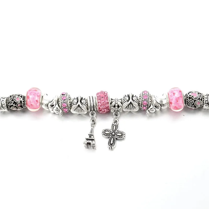 New Fashion 925 Silver Bracelet For Women Flower Tower Bracelet Pink Crystal Beads Paris Charms Diy Pulsera