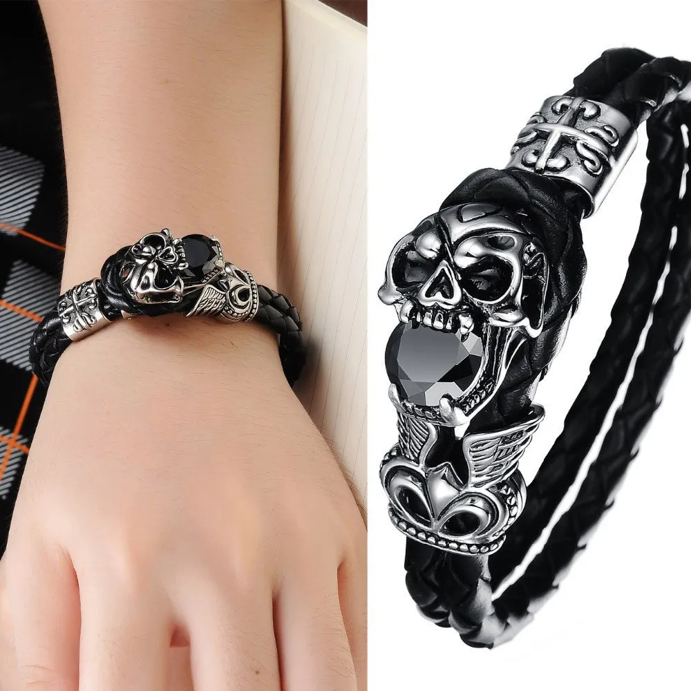 NEW Fashion jewelry Skull Stainless Steel Black Japan Kito Genuine leather Personality Men Bracelet male Bangles