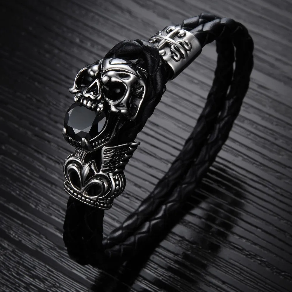 NEW Fashion jewelry Skull Stainless Steel Black Japan Kito Genuine leather Personality Men Bracelet male Bangles