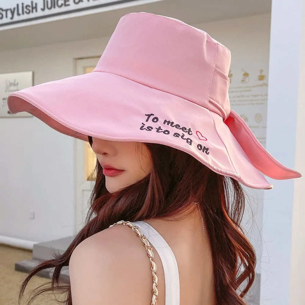 New Women's Summer Sun Cap Fashion Letter Embroidery Design Sun Hat Wide Brim Travel Beach Bucket Hat