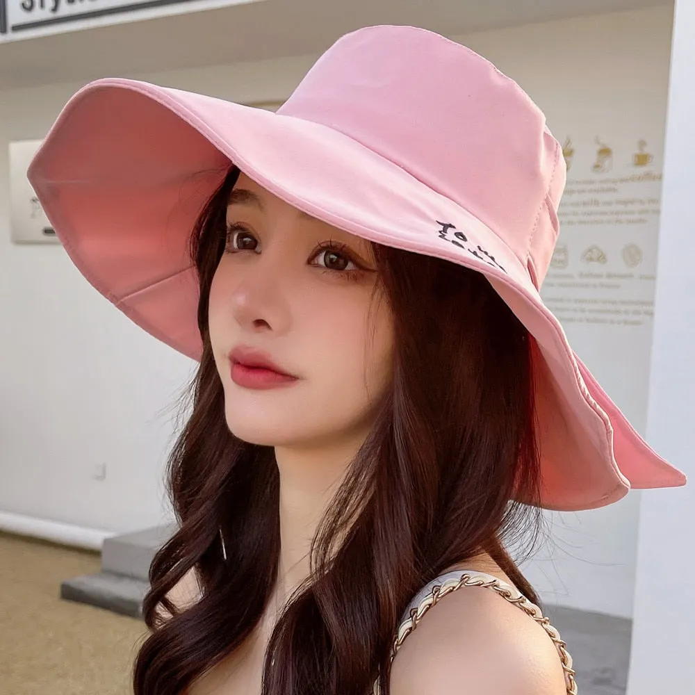 New Women's Summer Sun Cap Fashion Letter Embroidery Design Sun Hat Wide Brim Travel Beach Bucket Hat