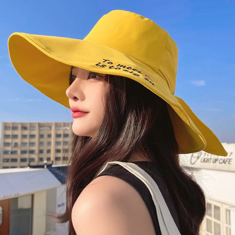 New Women's Summer Sun Cap Fashion Letter Embroidery Design Sun Hat Wide Brim Travel Beach Bucket Hat