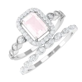 Octagon Cut Rose Quartz and Diamond Designer Ring Set