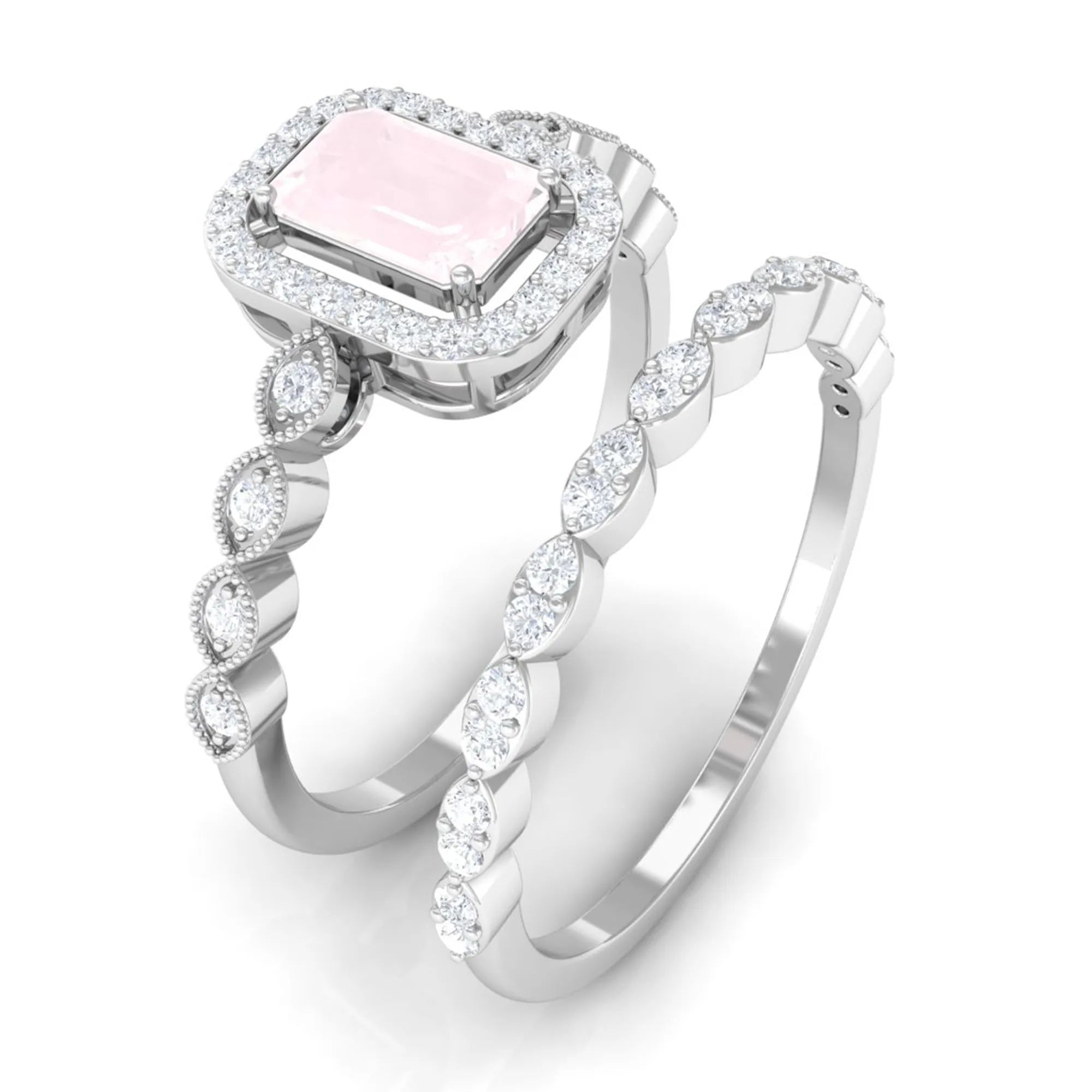 Octagon Cut Rose Quartz and Diamond Designer Ring Set