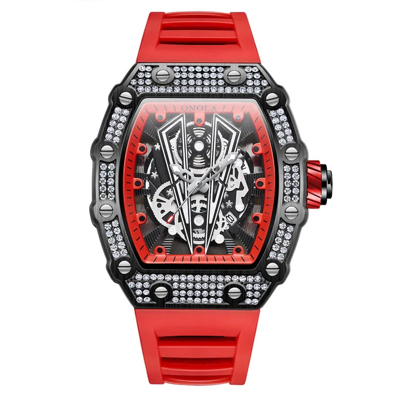 ONOLA 43mm Luxury Barrel Shaped Diamond Skeleton Watch Quartz for Men