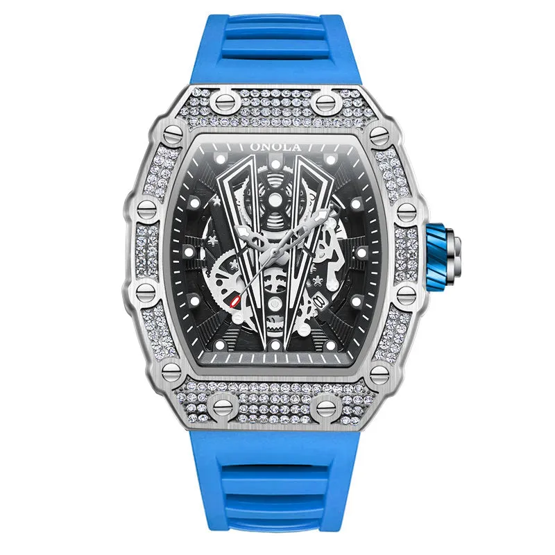 ONOLA 43mm Luxury Barrel Shaped Diamond Skeleton Watch Quartz for Men