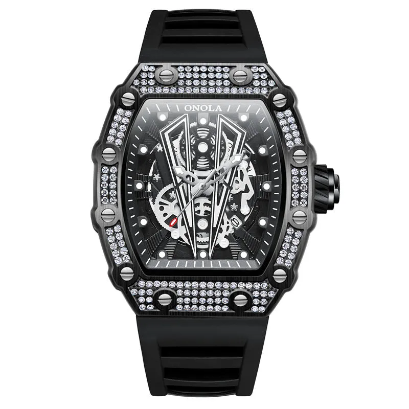 ONOLA 43mm Luxury Barrel Shaped Diamond Skeleton Watch Quartz for Men