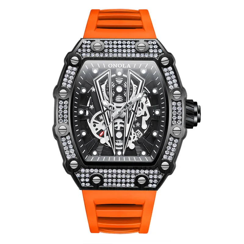 ONOLA 43mm Luxury Barrel Shaped Diamond Skeleton Watch Quartz for Men