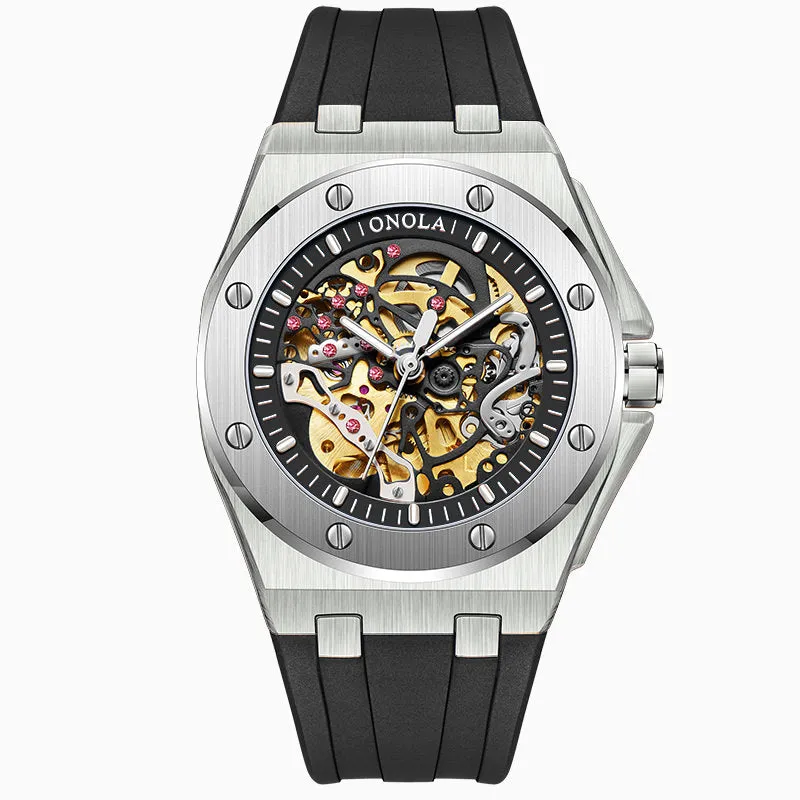 ONOLA 48mm Luxury Mens Skeleton Watch with Visible Gears