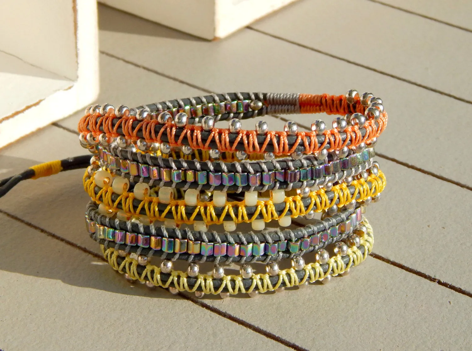 Orange Yellow and Silver Grey Macrame Garden 5x wrap Bracelet