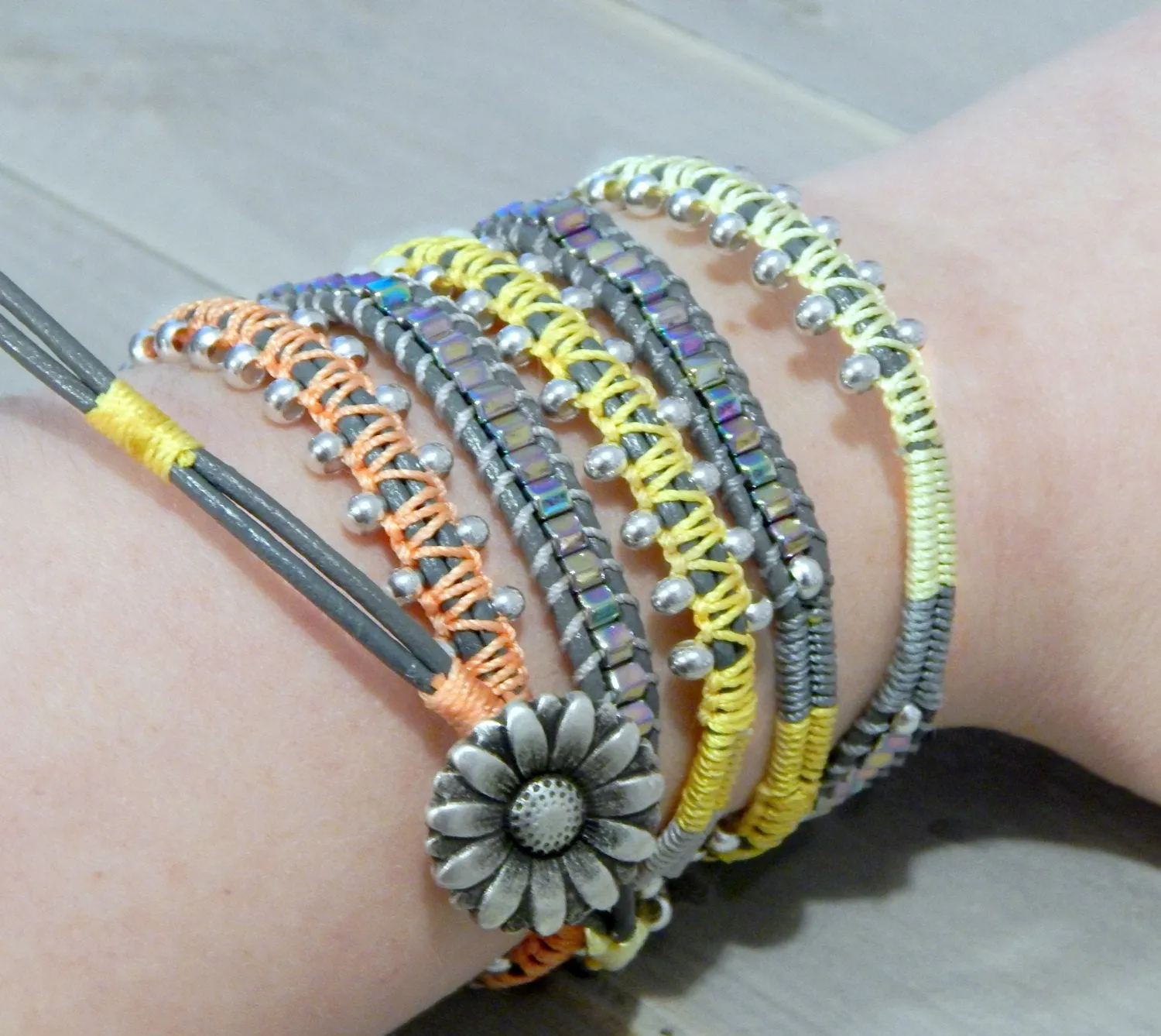 Orange Yellow and Silver Grey Macrame Garden 5x wrap Bracelet