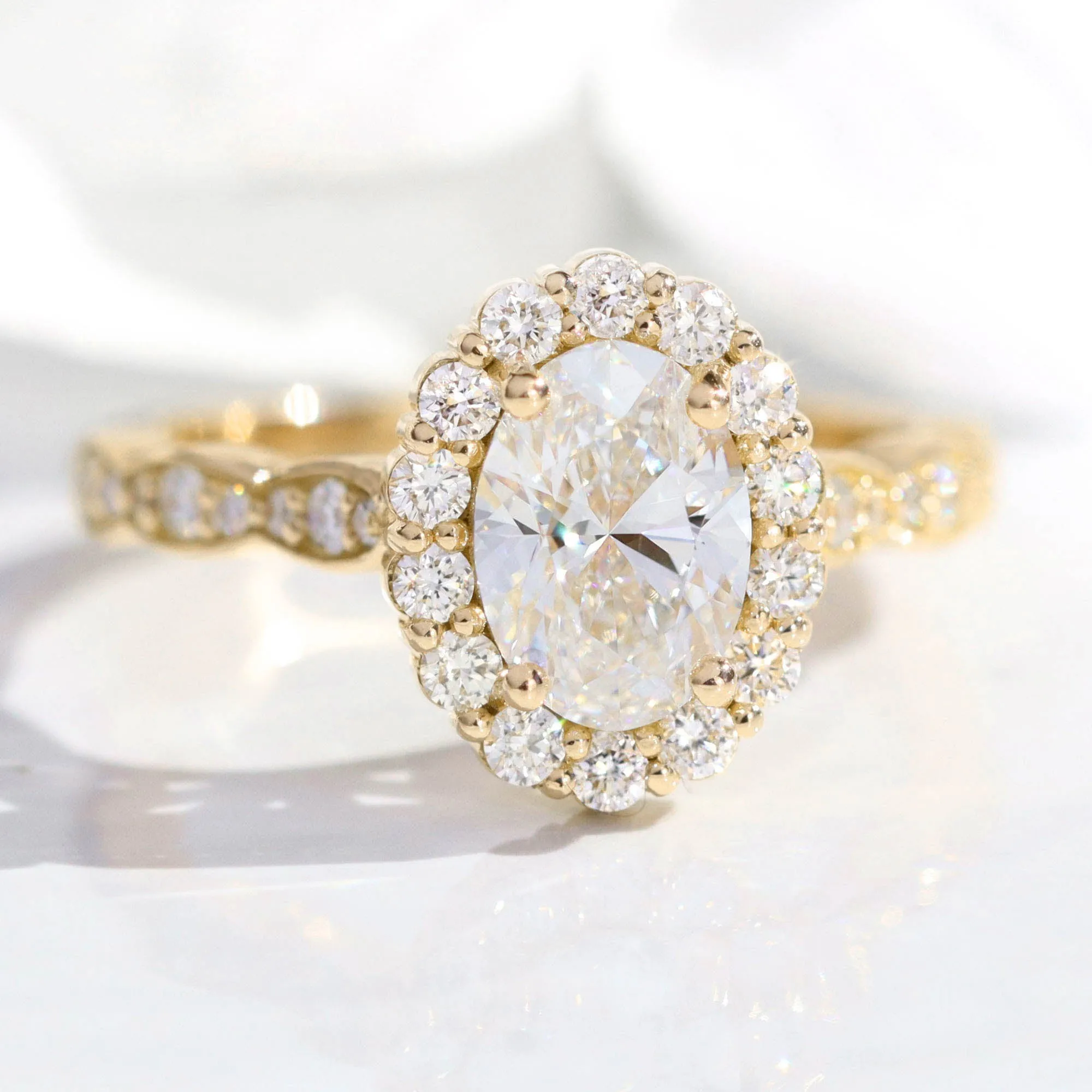 Oval Lab Diamond Ring Scalloped Band w/ Natural Diamonds in Luna Halo Ring