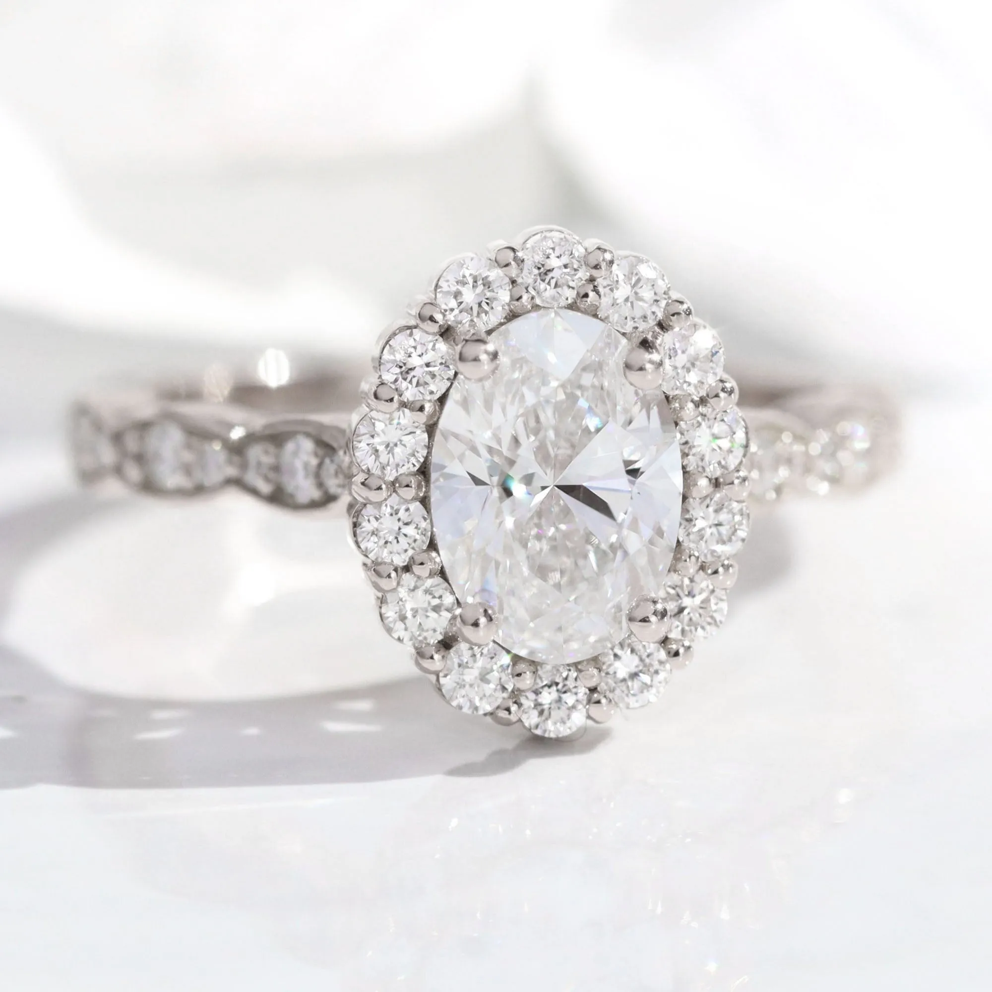 Oval Lab Diamond Ring Scalloped Band w/ Natural Diamonds in Luna Halo Ring