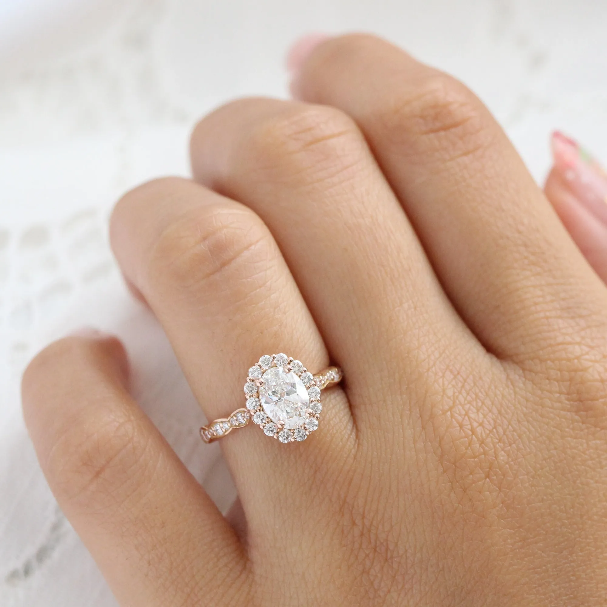 Oval Lab Diamond Ring Scalloped Band w/ Natural Diamonds in Luna Halo Ring