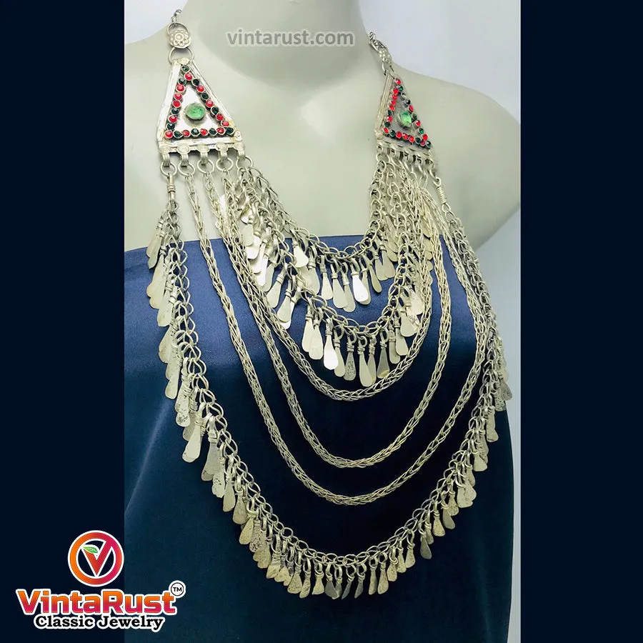 Oversized Silver Kuchi Multilayers Bib Necklace