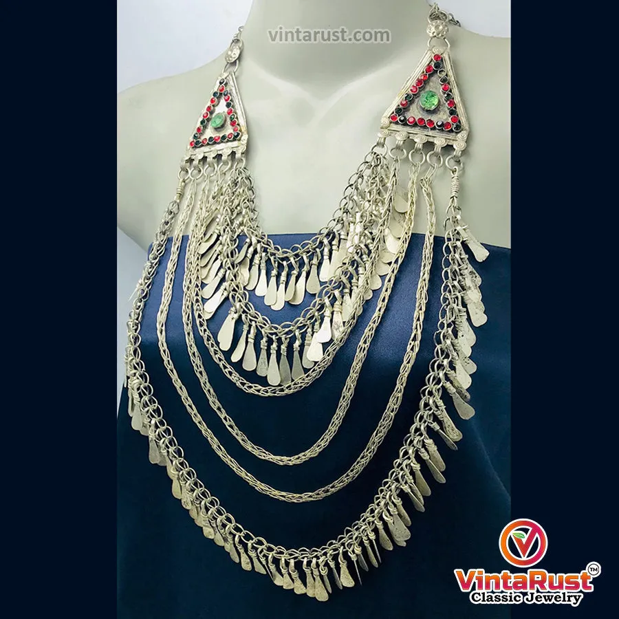 Oversized Silver Kuchi Multilayers Bib Necklace