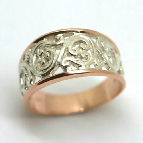 P 1/2 - 7 3/4  New Genuine Sterling Silver & 9ct Rose Gold Rims Filigree Swirl Ring