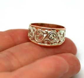 P 1/2 - 7 3/4  New Genuine Sterling Silver & 9ct Rose Gold Rims Filigree Swirl Ring