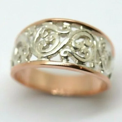 P 1/2 - 7 3/4  New Genuine Sterling Silver & 9ct Rose Gold Rims Filigree Swirl Ring