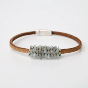 Pale Green Moonstone & Pearl Deluxe Leather Bracelet