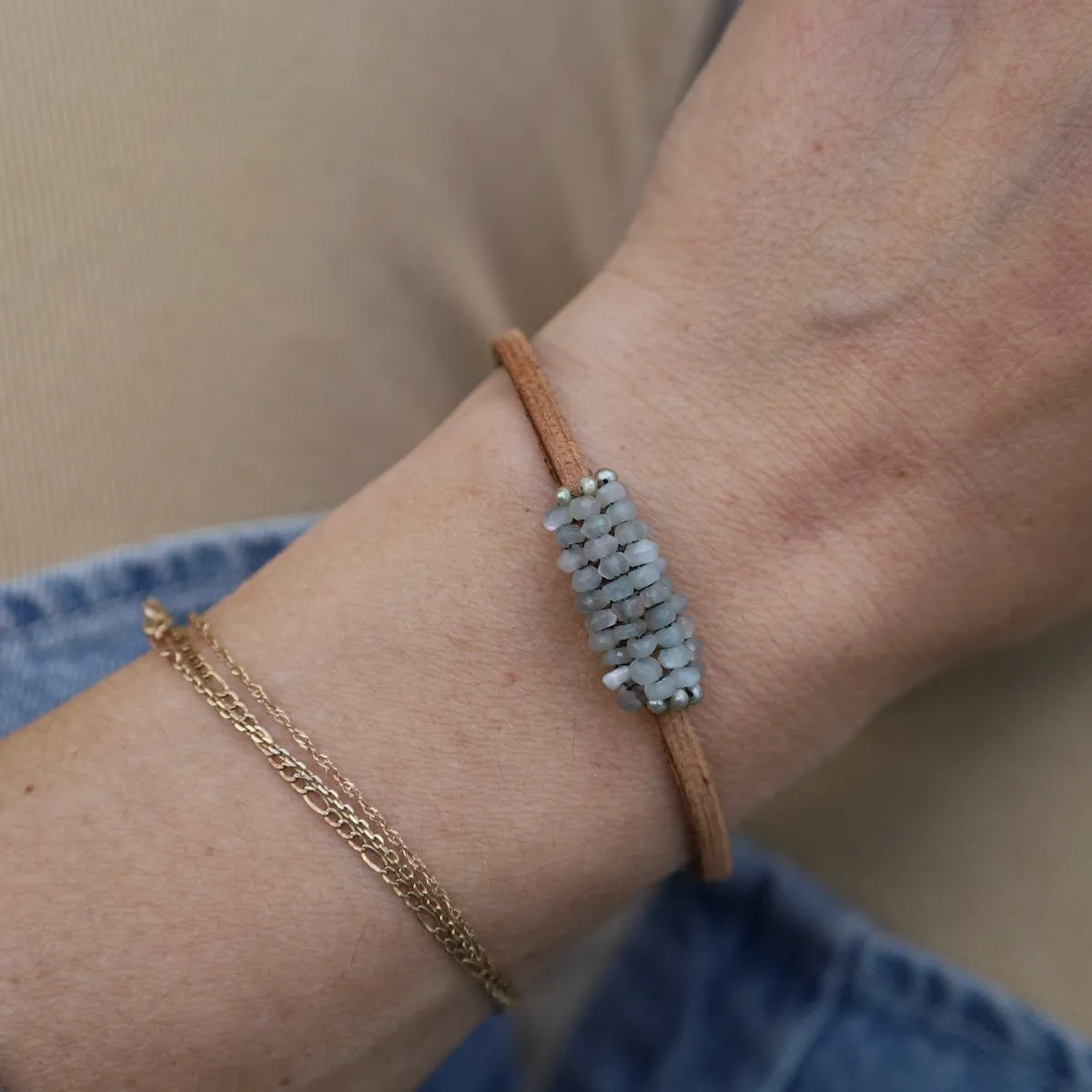 Pale Green Moonstone & Pearl Deluxe Leather Bracelet